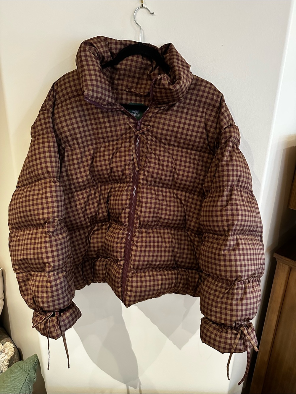 WILD FABLE size 2X Women’s Bow Puffer Jacket Brown Gingham Check NEW $45 RARE!!